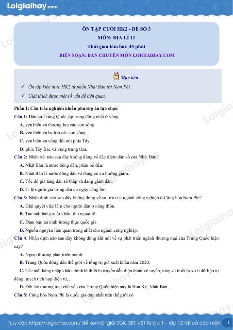 Đề thi học kì 2 Địa lí 11 KNTT - Đề số 3